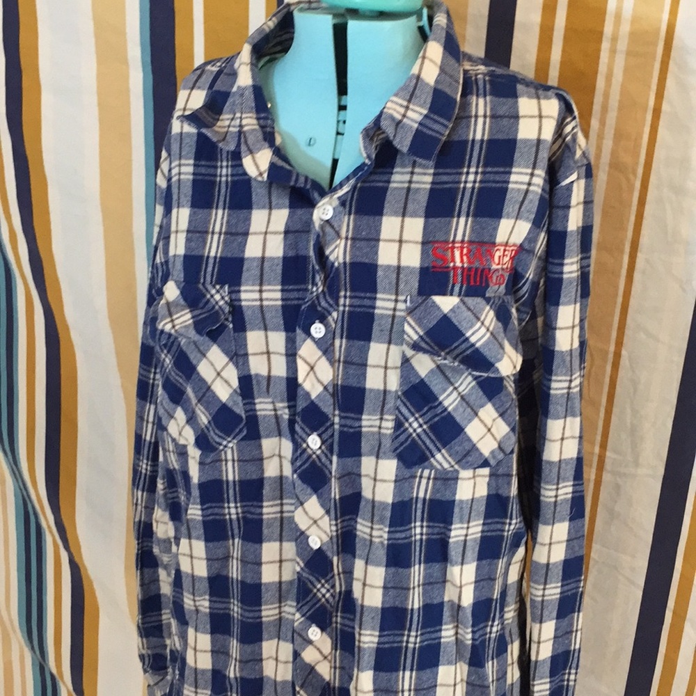 Stranger Things Blue Plaid Button Down Shirt - image 2